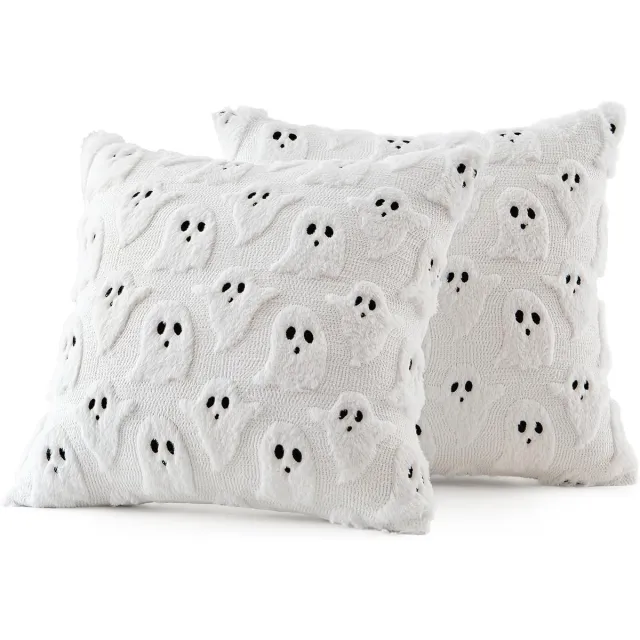 HisKes 2 Pcs witte Halloween-kussenhoezen met spookmotief (45 x 45 cm) – 3D-geborduurde hoezen van imitatiebont (polyester) - stijlvolle - neutrale decoratie voor bank - slaapkamer of landelijk interieur (exclusief binnenkussens)