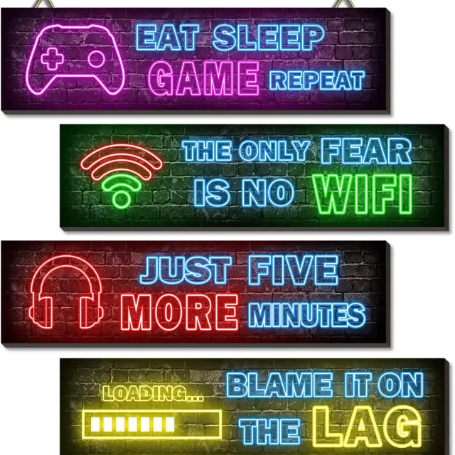 Ibenzoa 4 Stuks Houten Gaming Bordjes met Spreuk, Wanddecoratie voor Playstation & Gamerkamer kleurjik