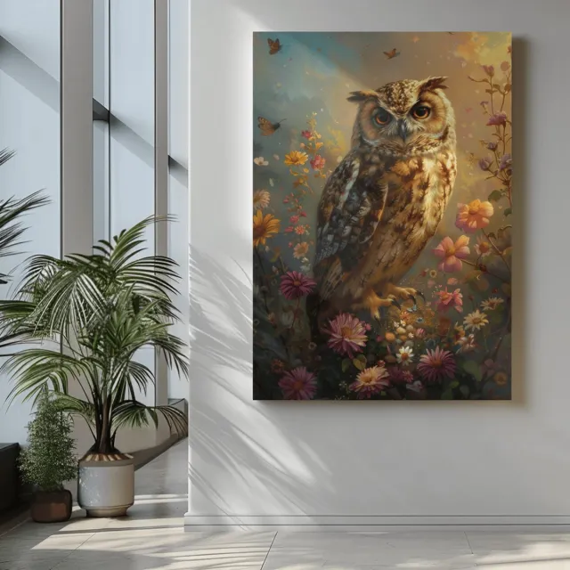 Trendex Global Canvas Schilderij Vogels - Uil met Bloemen - Wanddecoratie - 90x60x2 cm Bruin
