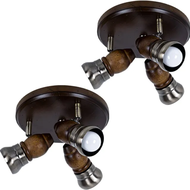 Globo Plafondlamp hout rustiek woonkamer vintage plafondlamp hout rustiek, draaibaar, metaal messing, 3x E14, DxH 24x13 cm, set van 2 Bruin