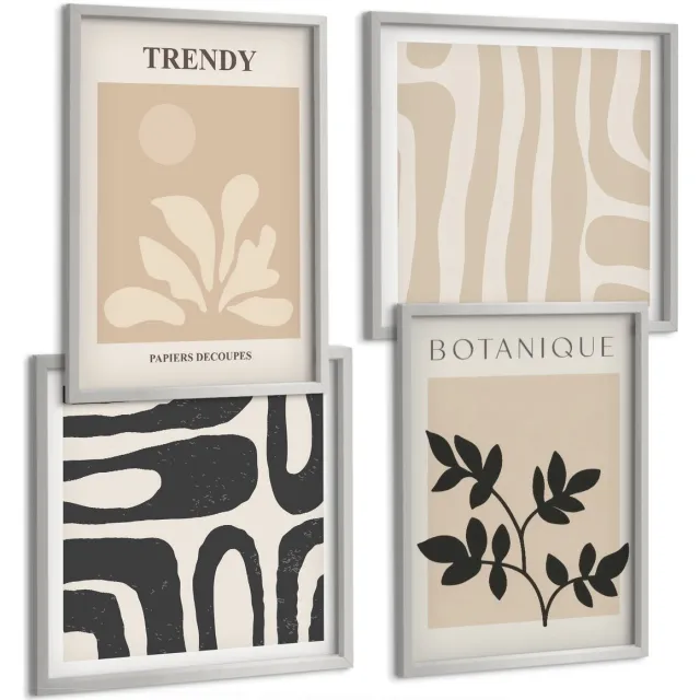 TULUP 4-Delige Schilderij Set - Stijlvolle plantenpatronen in beige en zwarte tinten. - 40 x 40 cm en 40 x 60 cm - Moderne Wanddecoratie - Slaapkamer - Interieur Decoratie Zilveren lijst