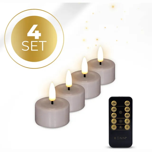 KENN LED Waxinelichtjes – Set van 4 – Taupe – Echte Wax – Met Afstandsbediening & Timer – Tot 300 Branduren – Inclusief Batterijen – LED Theelichtjes – Kaarsen op Batterij – Realistisch Flikkerende Vlam - Nep Waxinelichtjes