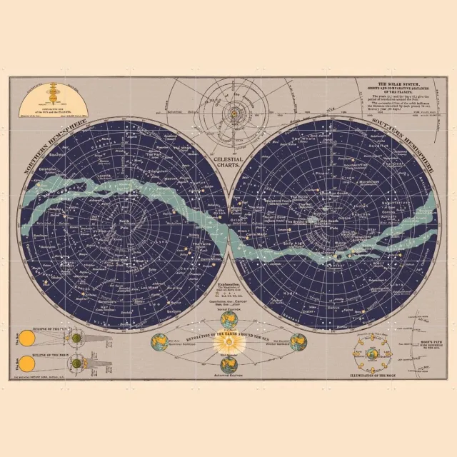 IXXI Celestial Chart, Aster Edition - 140 x 100 cm - Grote wanddecoratie en posters - Klassiek, Illustraties, Technische Tekening, Vintage, Woonkamer Blauw / Warme kleuren