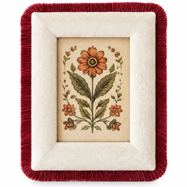 SWGOTA Fotolijst voor foto's van 13 x 18 cm, buitenmaat 23 x 28 cm, crème fluweel met bordeauxrode franjes, horizontaal of verticaal neer te zetten, met glas en decoratieve afbeelding