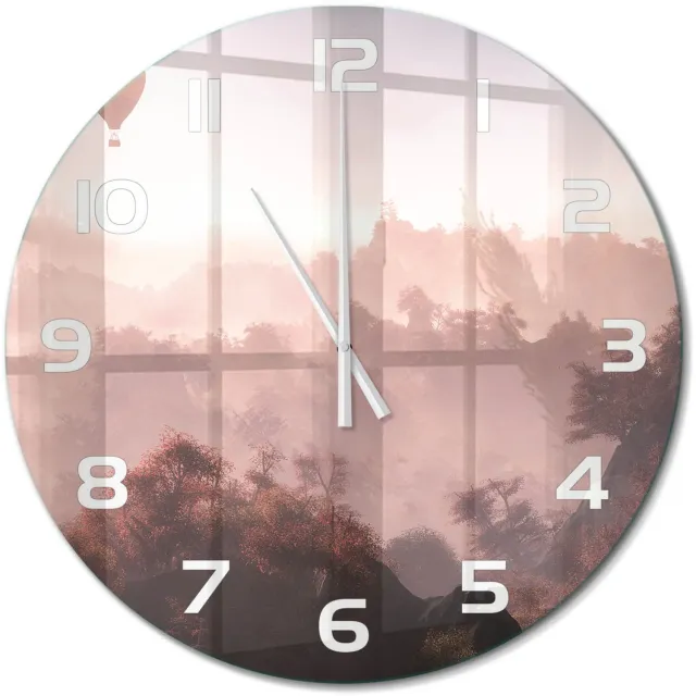 TULUP Wandklok - Ballonvaart boven het bos Glazen Klok Met Print - fi60 cm - Bruin Wandklok Glas Met Motief - Witte handen - Ronde Klok - Wandklok Glas Decoratie - Gekleurde Glazen Klok