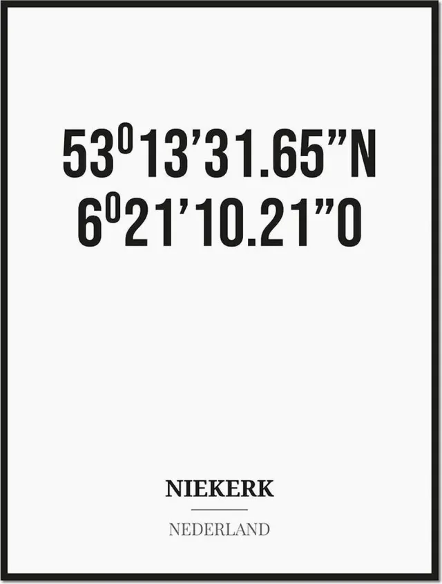 Studio216 Poster/kaart NIEKERK met coördinaten zwart, wit