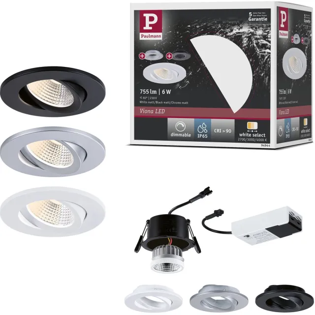 Paulmann LED-inbouwlamp White Select Viona Enkele lamp IP65 rond 85 mm 25° 6W 520lm 230V dimbaar White Select Zwart mat, Wit mat, Chroom mat