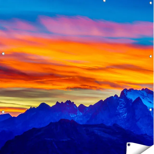 Gards Tuinposter Oranje Zonsondergang in de Bergen - 110x110 cm - Tuindoek - Tuindecoratie - Wanddecoratie buiten - Tuinschilderij Multikleur