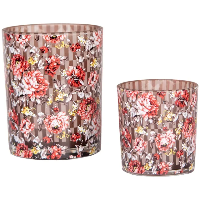 Clayre & Eef Theelichthouder Set van 2 Ø 7x8 / 10x13 cm Bruin Rood Glas Bloemen