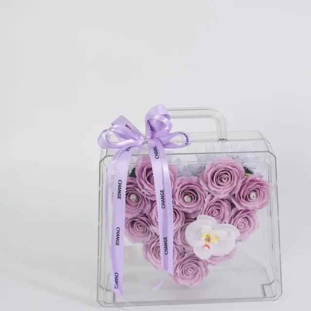 La Roselle Amsterdam Kunst rozen Lavender Heart Case – Luxe Paarse Kunstrozen in Transparante Handtas – Hartvormig Bloemenarrangement met Orchidee Lavendelpaars en wit