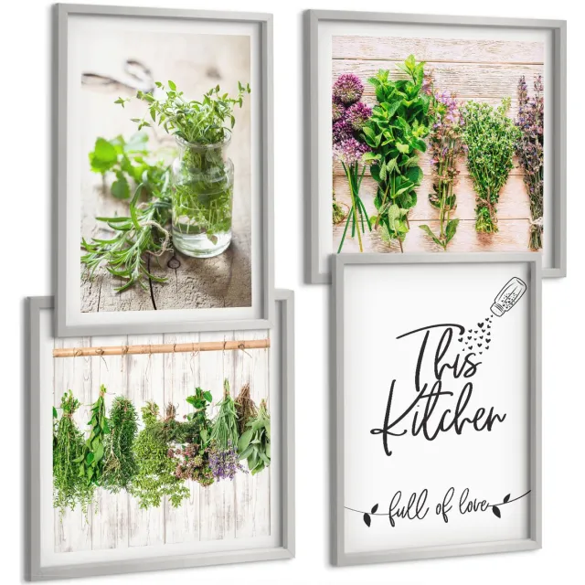 Coloray 4-Delige Schilderij Set - Keukenmotief Inscriptie Gedroogde Kruiden - 40 x 40 cm En 40 x 60 cm - Moderne Wanddecoratie - Slaapkamer - Woonkamer Decoratie zilveren lijst