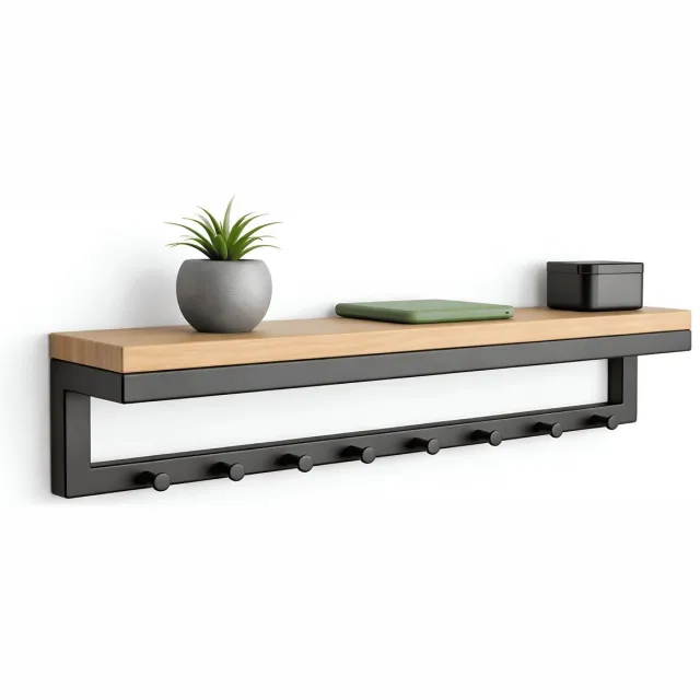 TOJ 8 Haaks Wandkapstok – 60cm - Muur / Wand Kapstok - Hangende Design Muurkapstok - Incl. Houten Plank - RVS - Mat Zwart Mat Zwart - Natuurlijk Hout