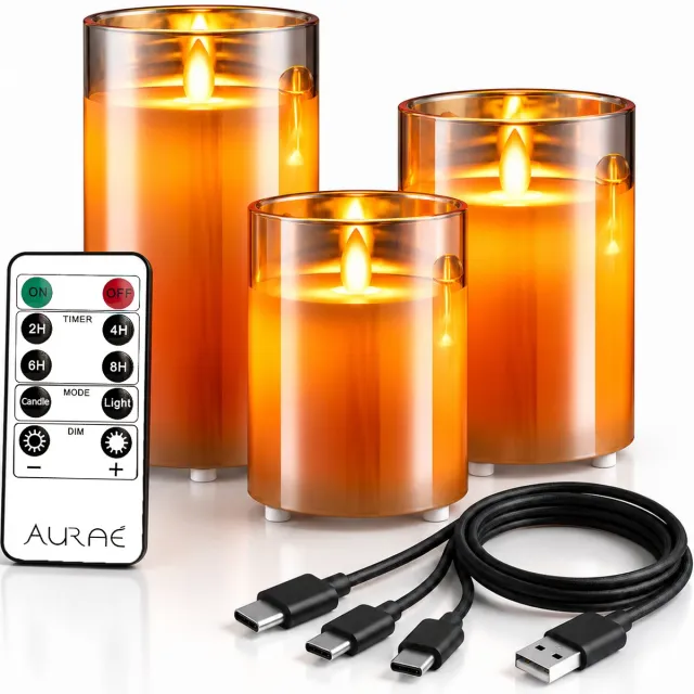 Aurae Oplaadbare Led Kaarsen met Bewegende Vlam - 3x - Echte Wax - 35+ Branduren - Afstandsbediening - Flikkerende Vlam - Oplaadbaar - Timer - Kerst Kaarsen Amber • Bewegende Vlam • Oplaadbaar