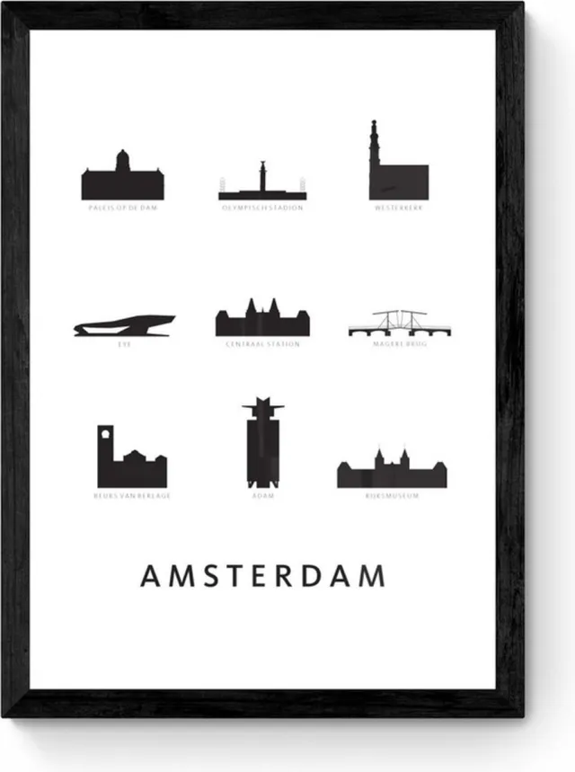 Kunst in Kaart Amsterdam Architectuur Poster - Ingelijst Zwart