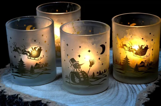 MilaNNE Candles by Milanne, Kerst-Sneeuwpop Kaarsen set in glas - Set van 4 stuks =BEKIJK VIDEO Multicolor