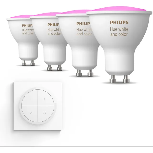 Philips Hue Uitbreidingspakket - GU10 - met 4 Spotjes - Wit en Gekleurd Licht - Incl. 1 Hue Dial Switch (Wit) - Hue White and Color Ambiance