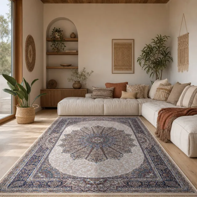 Muratap Star Klassiek Oosters Vloerkleed Wasbaar Anti Slip Creme- 200x290 CM
