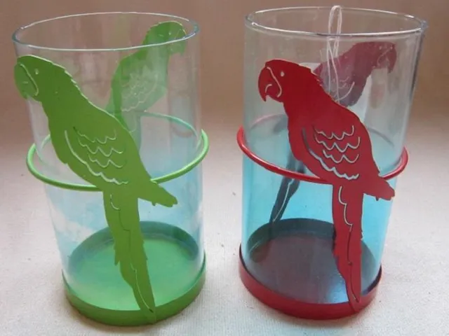 ZoeZo Design waxinelichtjeshouder - 2 stuks - rood - groen - metaal - glas - papegaai - H 12 cm - Ibiza - Boho groen - rood