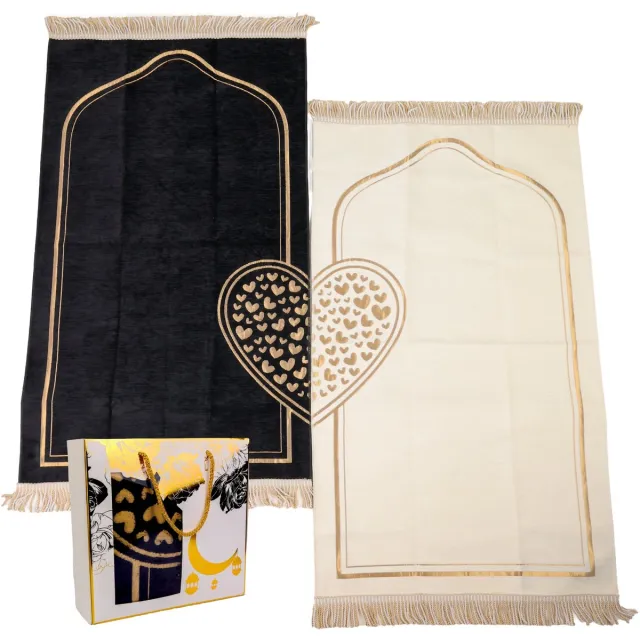 Firaset Moslim gebedskleed voor koppels, zachte gebedskleedset voor mannen en vrouwen, wit-zwart hartpatroon met gebedskralen, islamitische cadeaus voor Ramadan Eid, twee stuks, wit-zwart hartpatroon Wit/Zwart