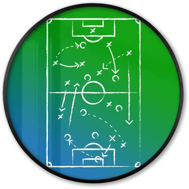 FrameYourWall Poster in lijst Rond - Fotolijst 80x80 cm - Posters - Voetbal - Tactiek - Spel - Groen - Blauw - Ronde posterlijst zwart - Decoratie - Wanddecoratie woonkamer - Muurdecoratie slaapkamer Speelveld