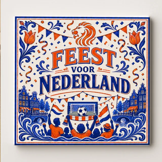 Bedruk King Decoratieve Keramische Wandtegel – “Feest voor Nederland” Nederlandse Feestdesign – Oranje Voetbalfans Grachten Scene – Nederland Vintage Stijl Huisdecoratie – Keuken & Badkamer Cadeautegel Wit