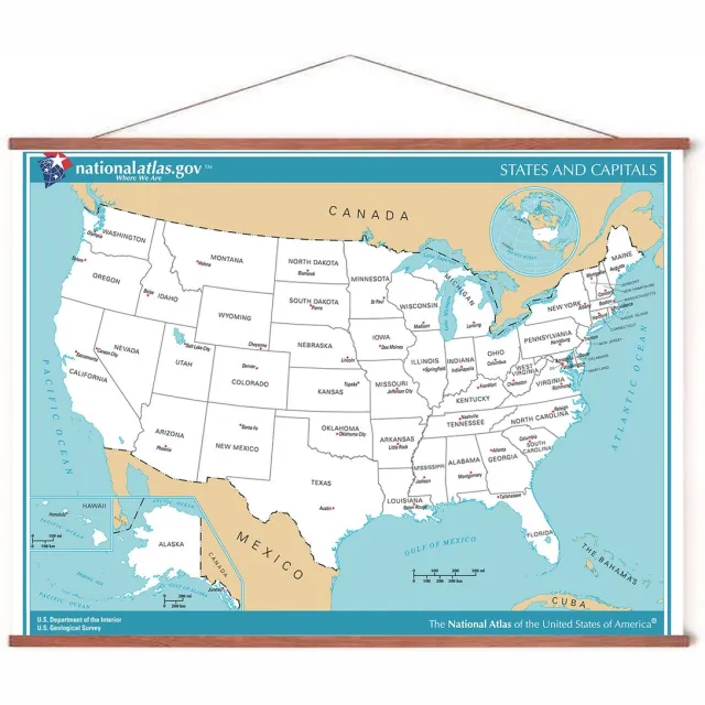 Esque Poster In Posterhanger - Poster Kaart Amerika / VS / USA - 50x70 cm - Kader Hout - Ophangsysteem - Educatief - Schoolplaat