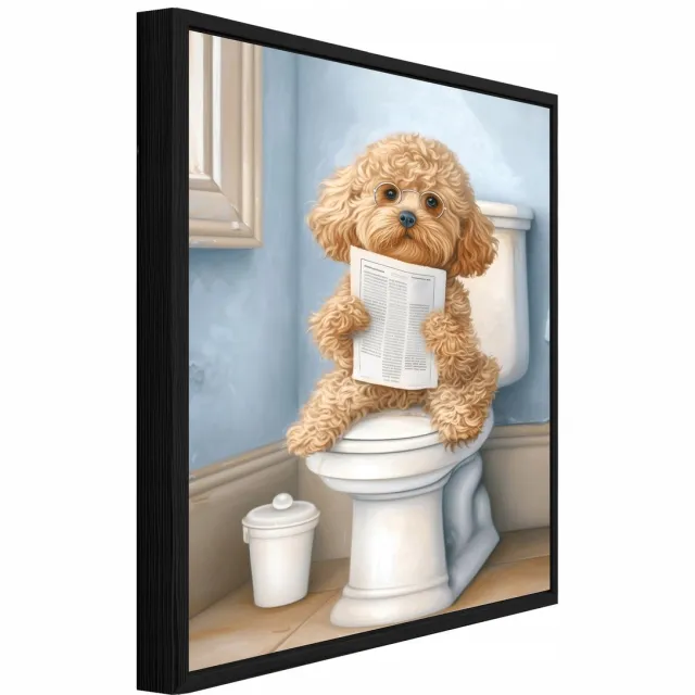 WALLARENA Schilderij op canvas in zwarte lijst - 40x30 cm - grappige hond op toilet - badkamer wanddecoratie en toilet decoratie Veelkleurig