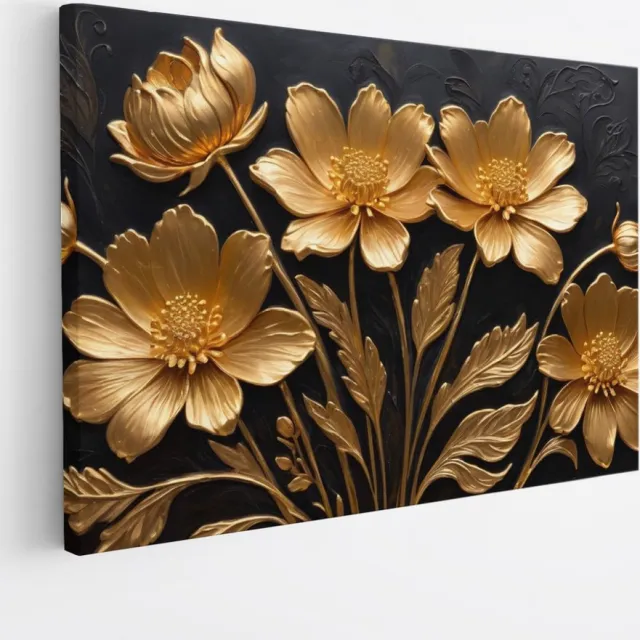 Saammp Canvas Schilderij - goud - Bloemen - Zwart - Abstract - 50x40 - Foto op canvas - Wanddecoratie - Muurdecoratie Woonkamer - Kantoor Decoratie Multicolor