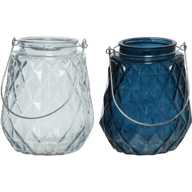 Decoris Set van 2x stuks theelichthouders/waxinelichthouders ruitjes glas ijsblauw en donkerblauw met metalen handvat 11 x 13 cm