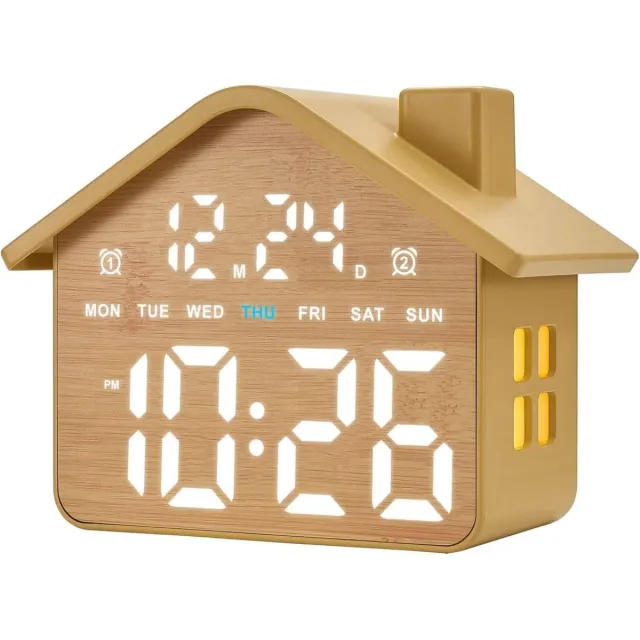 carmdering Digitale plastic Wekker – Huisvorm – Met Datum & Dag – 2 Alarms – Dimmer – Nachtlampje Hout