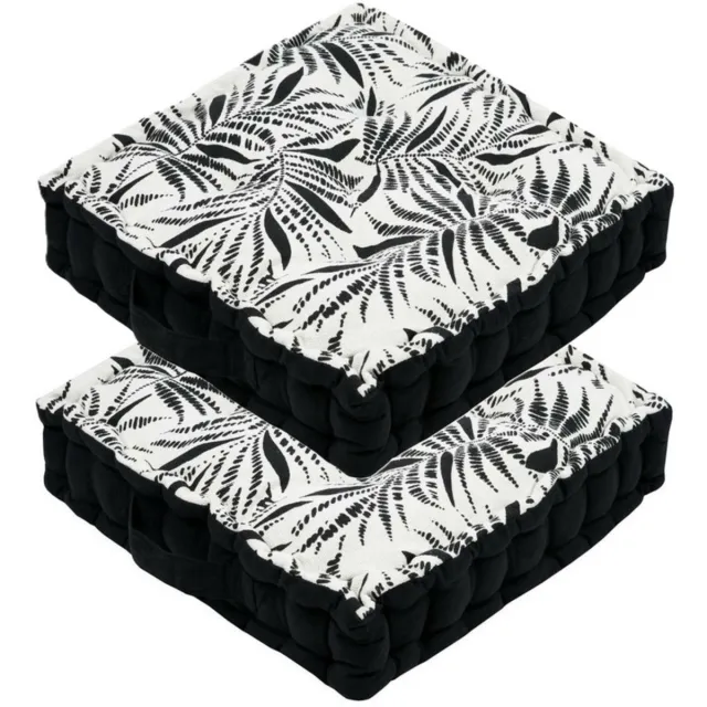 Stof Textile Vloerkussen Leaves - 2x - zwart/wit - katoen - 45 x 45 x 10 cm - vierkant - Extra dik - extra zitplaatsen - spelen - gamen - relaxen