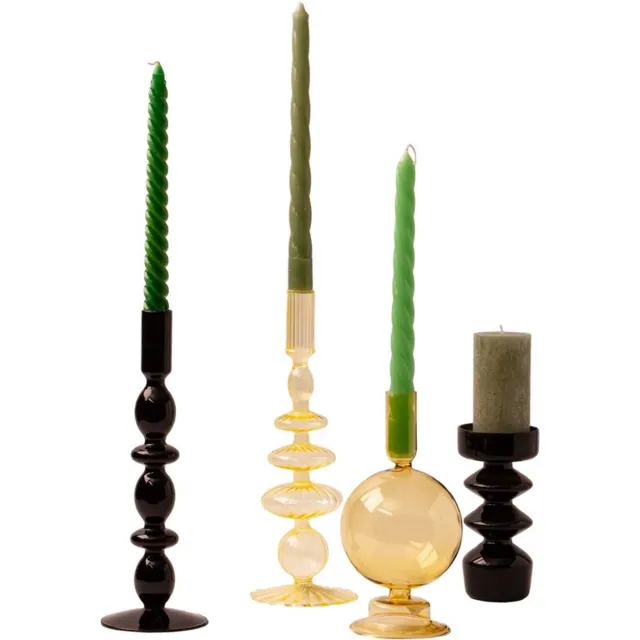 Winq Kleurige Glaskandelaren in een Zwart Geel Combinatie. Kaarsenhouder glas - Set bestaande uit 4 stuks – Decoratie woonkamer - Dinerkaarsen en/of Stompkaarsen Zwart / Geel