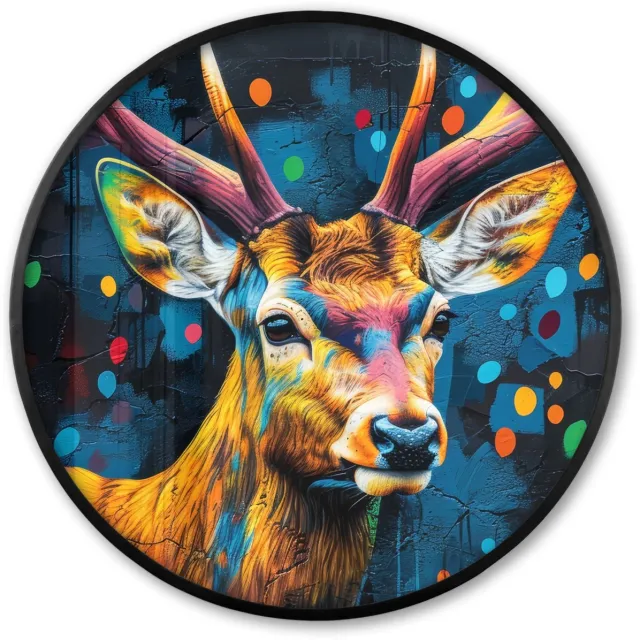 FrameYourWall Poster in lijst Rond - Fotolijst 60x60 cm - Posters - Graffiti - Hert - Dier - Kleurrijk - Ronde posterlijst zwart - Decoratie - Wanddecoratie woonkamer - Muurdecoratie slaapkamer