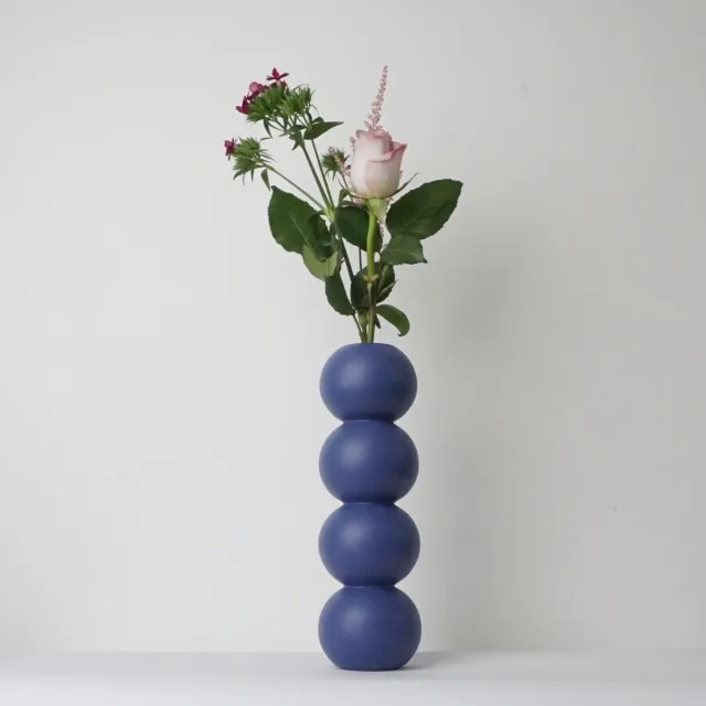 LEMON LILY Houten Vaas 'Stack' – Blauw – Ø 8,5 × 26 cm – Inclusief Glazen Buisje – Handgemaakt Design vaas
