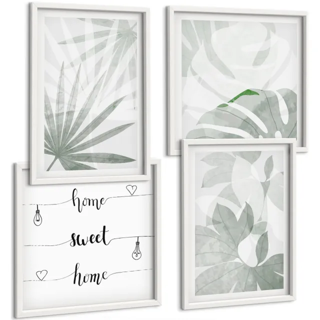 Coloray 4-Delige Schilderij Set - Plantenbladeren In Groene En Grijze Tinten. - 40 x 40 En 40 x 60 - Wanddecoratie - Muurdecoratie - Moderne Interieurdecoratie - Stijlvolle Muurdecoratie Witte lijst