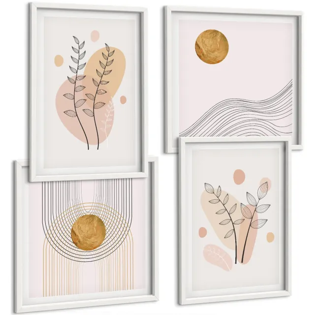 TULUP 4-Delige Schilderij Set - Minimalistische abstracte planttekeningen - 40x40 en 40x60 - Muurdecoratie - Wanddecoratie - Hal Witte lijst