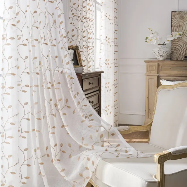 Qelus Set Van 2 Geborduurde Vitrages Gordijnen Kakie Bladeren - Voile Kant en Klaar met Tunnelzoom - Lichtdoorlatend Inbetween - 140x145cm - Kaki