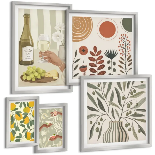 TULUP 4-Delige Schilderij Set - Stijlvolle decoraties in een sfeer van wijn en planten. - 50 x 50 cm, 20 x 30 cm en 40 x 60 cm - Stijlvolle Muurdecoratie - Kantoor Zilveren lijst