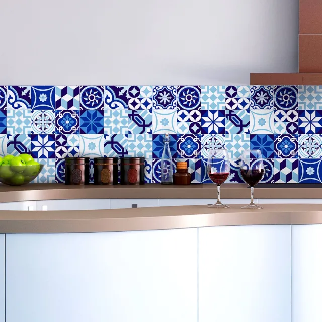 Ambiance Sticker Zelfklevende tegelmuurstickers voor keuken en badkamer - 16 Azulejo tegelstickers in verschillende blauwtinten - 16 stickers van 10x10 cm Multi color