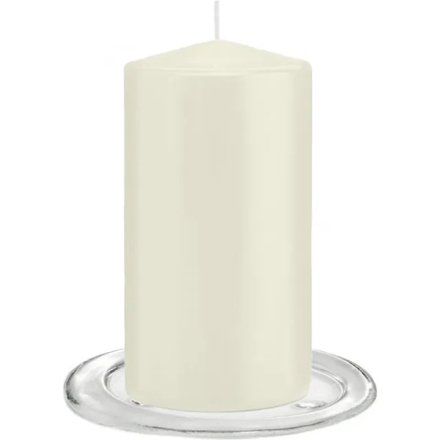 Trend Candles Stompkaarsen met glazen onderzetters set van 2x stuks ivoor wit 8 x 15 cm Ivoorwit