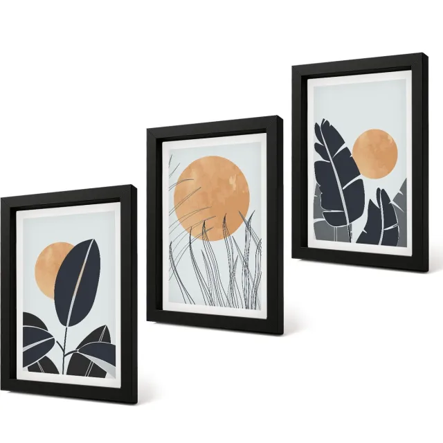 Coloray 4-Delige Schilderij Set - Plantenpatronen met grote zonnen in minimalistische stijl - 20 x 30 cm - Muurdecoratie - Wanddecoratie - Slaapkamer - Interieur Decoratie Zwarte lijst