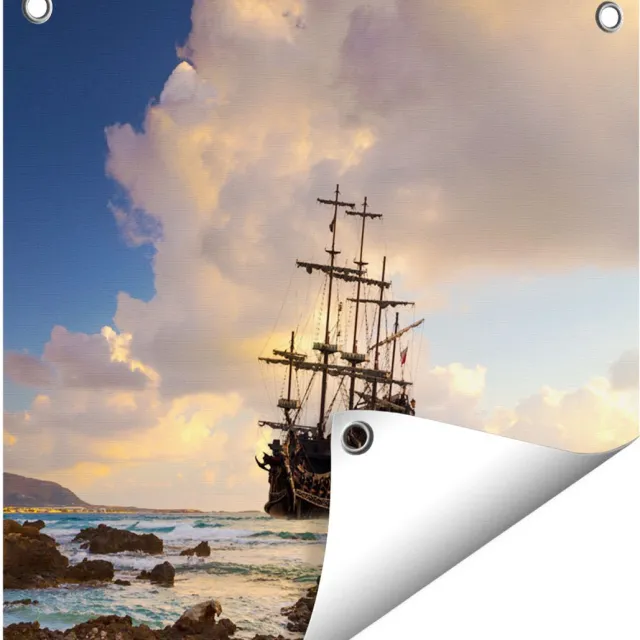 Gards Tuinposter Piratenschip aan de Kust bij Zonsondergang - 40x40 cm - Tuindoek - Tuindecoratie - Wanddecoratie buiten - Tuinschilderij Multikleur