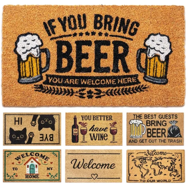Famanu Kokos deurmat voor binnen en buiten, grappig ontwerp met beer, 40 x 70 x 1,5 cm, stevige vloermat voor een vrolijke entree Zwart