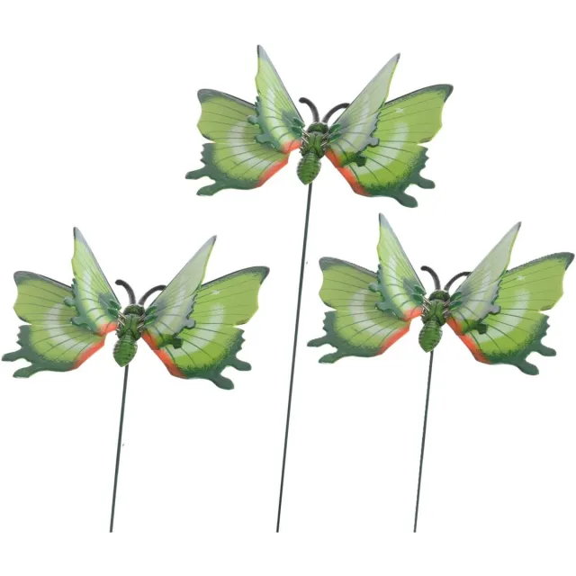 Decoris tuin deco vlinder op stok - 3x - groen - metaal - 17 x 60 cm - dieren decoraties - bewegend