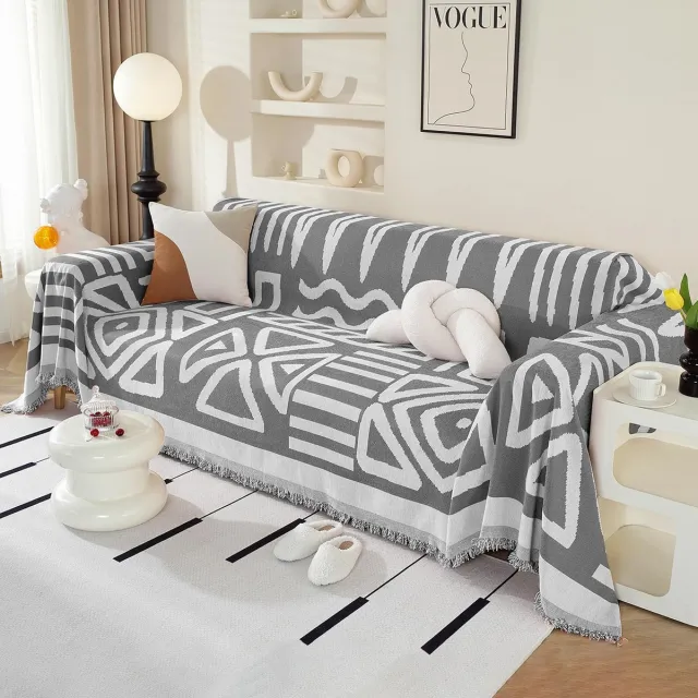 Ibenzoa Chenille Bankhoes voor L-vormige Banken met Decoratieve Kwastjes in Donkergrijs, 180 x 340 cm