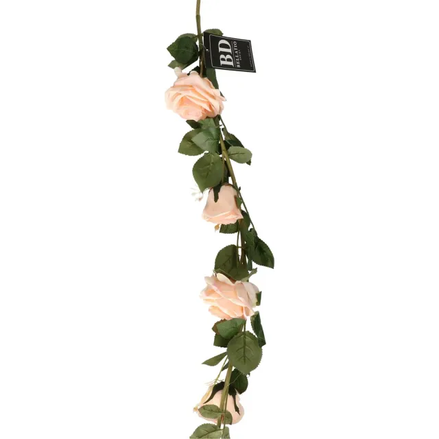 Bellatio Design Kunstbloem slinger rozen - 145 cm - perzikroze - bruiloft versiering - guirlande - decoratie Perzik oranje
