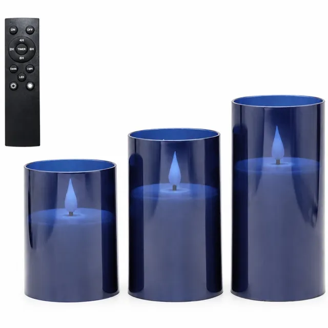 SWGOTA led kaarsen donkerblauw, 3 stuks per doos, met druppelvormige vlam en grote afstandsbediening, verschillende hoogtes, voor bruiloften en verjaardagen