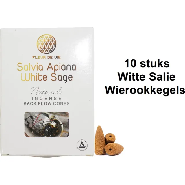 Fleur de Vie Witte Salie Wierookkegels - 10 stuks - Fleur de Vie Backflow Salvia Apiana White Sage Cones - 10 stuks Medium Kegels - Wierook voor Energetische Reiniging - Rustgevend Effect Bruin