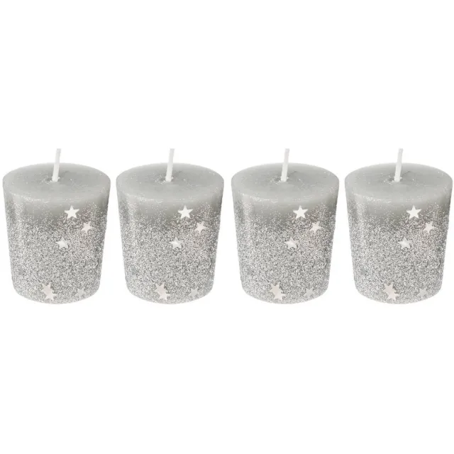 Feeric lights & Christmas 4 Zilveren votief kaarsen - Zilver & Glitters Kaarsjes - 7 branduren - SET van 4 stuks zILVER - Glitters