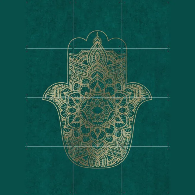 IXXI Boho Fatma Lucky Hand, Bloomery Decor - 60 x 80 cm - Grote wanddecoratie en posters - Geometrische Kunst, Ornamenteel Ontwerp, Abstract Groen / Goud
